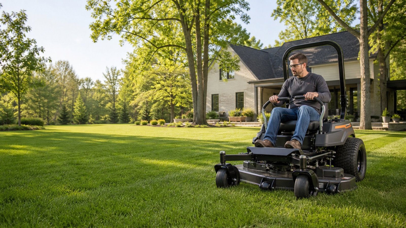 Person operating a zero-turn mower on a green lawn